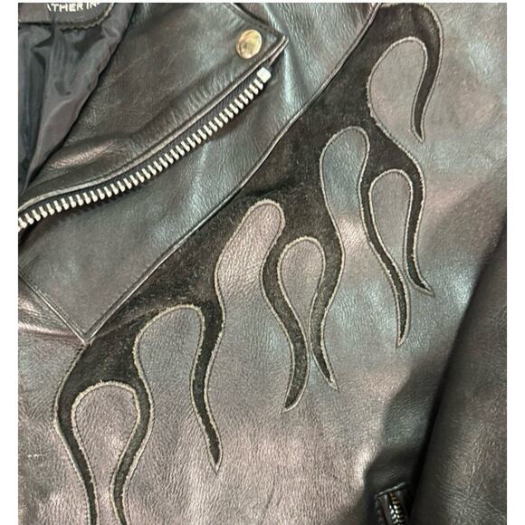 Vent Tech Black Vented Leather Motorcycle Jacket Green Flames Sz M - Picture 3 of 10